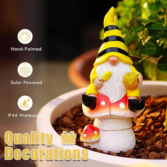 Solar Gnome on Mushroom Decor for Yard Decorations - 10 Inch Gnome Statue Decor for Outdoor,Perfect Garden Gifts for Women,Mom