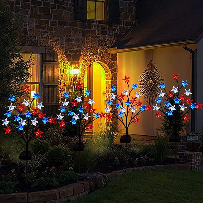 2 Packs Solar 4th of July Decorations Outdoor Lights, Solar Red White and Blue Star Pathway Lights, Waterproof Outdoor Patriotic Decorations Lights for July 4th Memorial Day Garden Yard Pathway Grave