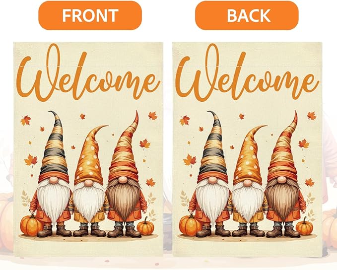 Welcome Fall Garden Flag Autumn Gnomes Garden Flag 12x18 inch Double Sided Fall Thankful Maple Leaves Flags Holiday Decorations for Yard Lawn Patio (Flay 1809)