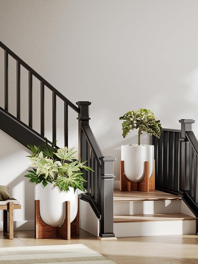 LE TAUCI 10 Inch Plant Pot with Acacia Wood Stand, Ceramic Planters for Indoor Plants, Unique Plant Pots Indoor for Home Decor, Mid-Century Modern Pots for Plants with Drainage Hole and Plug, White