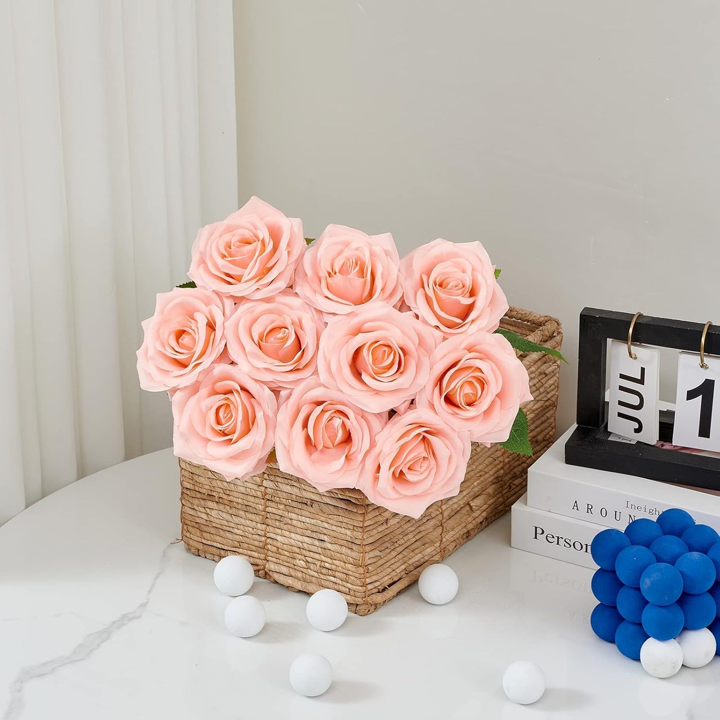Artificial Rose 10pcs Open Flower Bouquet Faux Rose Stems for Wedding Arrangement, Bridal Bouquet, Centerpiece, Fake Faux Silk Flowers (Coral Peach)