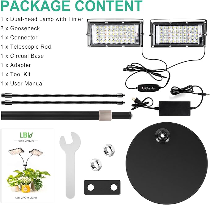 LBW Plant Grow Light, Full Spectrum Dual Heads Desk Plant Light for Indoor Plants, Growing Lamp with 3H/6H/12H Timer, 6-Level Brightness, 3 Lighting Modes, Height Adjustable, Ideal for Indoor Growth