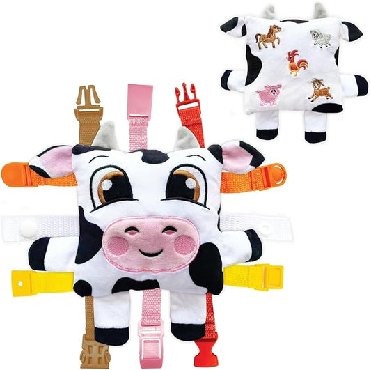 Buckle Toys Bessie Cow Stuffed Animal Plush Montessori Toys for Toddlers 1-3 Sensory Toys to Develop Fine Motor Skills and Learn Shapes and Colors, Travel Essentials for Kids, Includes Storage Pocket