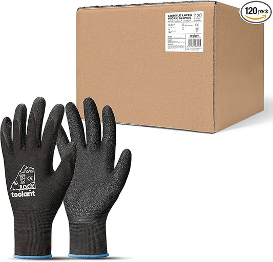 toolant Crinkle Latex Work Gloves Bulk, Rubber Coated Safety Work Gloves for Men and Women, 120 Pairs for Construction, Gardening, Warehouse (Black, XL)