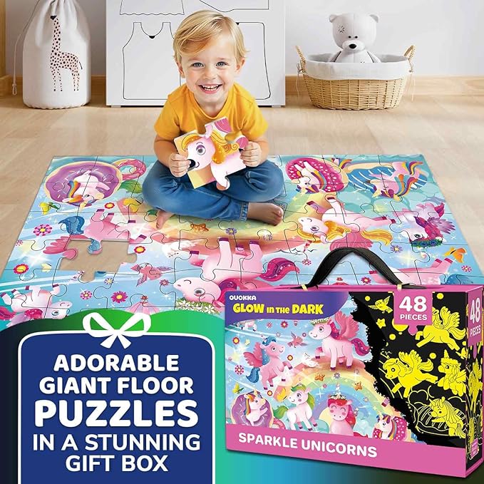 QUOKKA Floor Puzzles for Kids Ages 4–8 – 2x3 FT Giant Glow in The Dark Jigsaw – 48 Large Pieces – Magical Fantasy Unicorn Scene – Montessori Toy with Gift Box – Fun Learning Activity