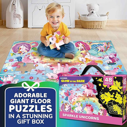 QUOKKA Floor Puzzles for Kids Ages 4–8 – 2x3 FT Giant Glow in The Dark Jigsaw – 48 Large Pieces – Magical Fantasy Unicorn Scene – Montessori Toy with Gift Box – Fun Learning Activity