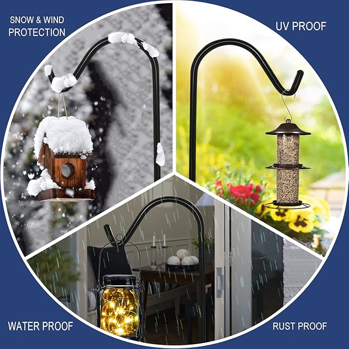 Shepherds Hook for Outdoor Bird Feeders Pole 76 Inch Tall, Adjustable Heavy Duty Garden Hanger Stake Pole with 5 Prong Base, Shiny Black (2 Packs)