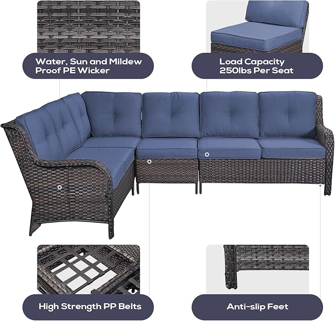 Outdoor Sectional Sofa Furniture Set with Propane Fire Pit Table, Wicker Patio Conversation Set with 2 Swivel Glider Rocker Chairs Blue Cushion Perfect for Backyard Casual Gathering