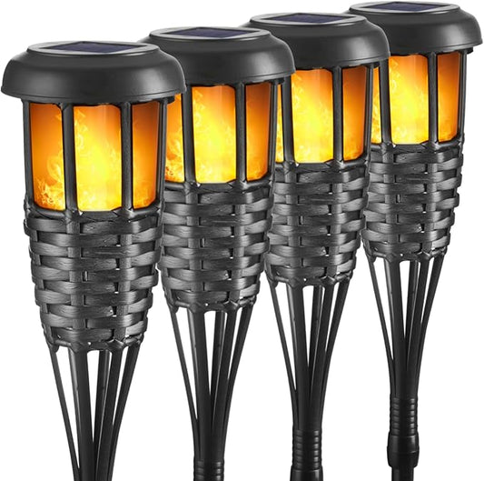 Solar Torch Light with Flickering Flame, 4 Pack Waterproof Bamboo Torches Hand-Woven Rattan Solar Tiki Torches for Outside Patio Yard Garden Lawn (Black-4 Pack)