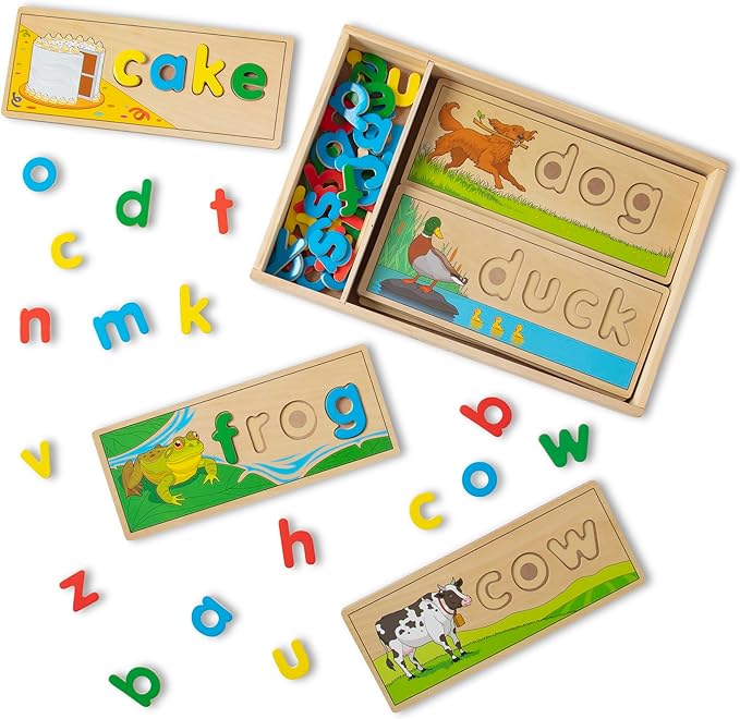 Melissa & Doug See & Spell Wooden Educational Toy with 8 Double-Sided Spelling Boards and 64 Letters Preschool Learning Activities, See & Spell Learning Toys for Kids Ages 4+