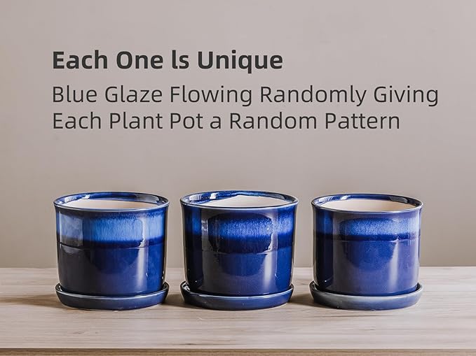 8 Inch Plant Pot: Ceramic Planter with Drainage Hole & Saucer for Indoor Outdoor Plants - Flowerpot with Bonded Tray for Home Office - Blue Reactive Glaze