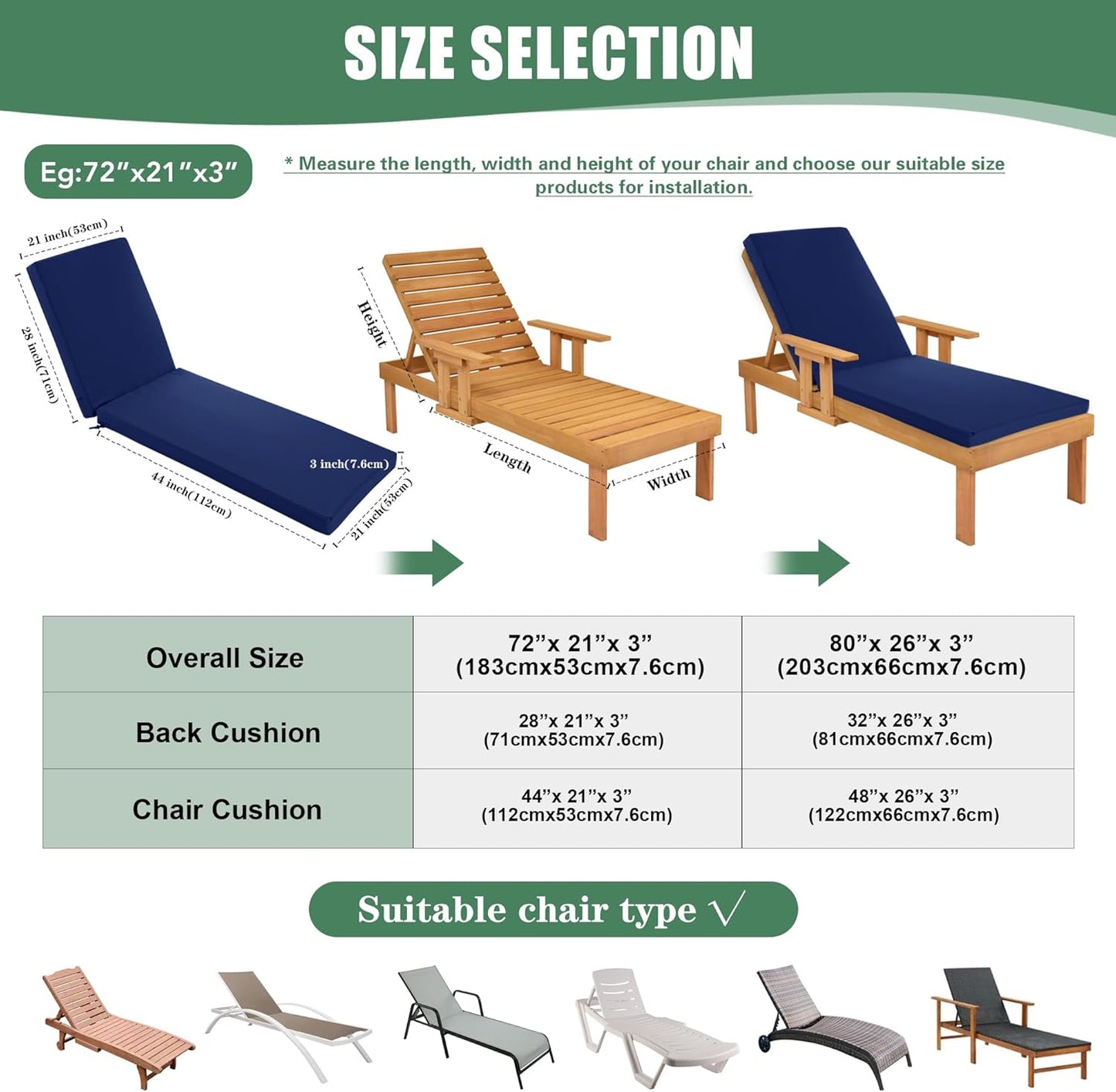 Chaise Lounge Cushions Outdoor Set of 2 - Waterproof and Fade Resistant Sun Lounger Replacement Cushions - Patio Lounger Pads with Removable Cover for Pool, Deck, 72 x 21 x 3 Inch, Navy