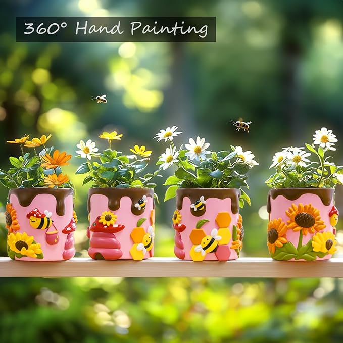 GUGUGO Colorful Bees and Sunflowers Plant Pots, Cute Unique Succulent Planters with Drainage, Rainbow Small Mushrooms Flower Planters Pots for Indoor Plants, Funny Eclectic Home Decor, Pink