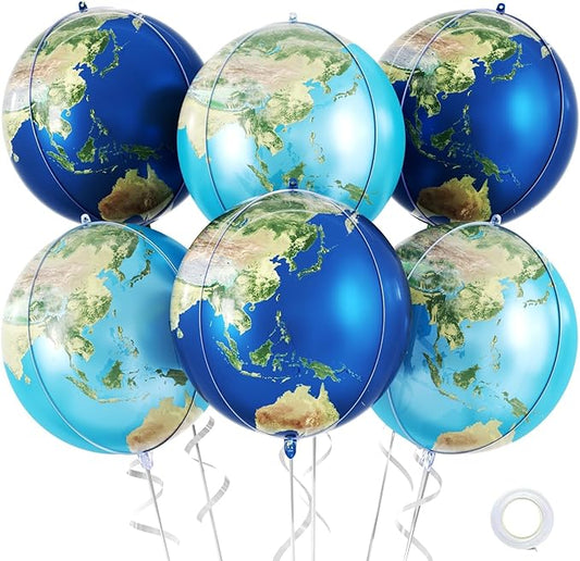 6 Pcs Globe Earth Balloons, 22 Inch Big World Map Foil Balloons, Planet Large Round Sphere Balloon for Travel Adventure Earth Day Birthday Party Decorations