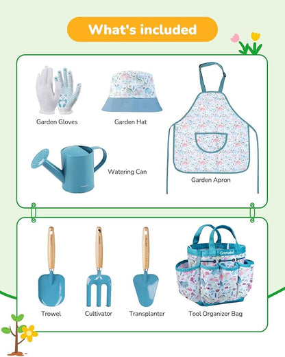 Kids Gardening Set Toys, Quality Garden Tool Kit for Kids and Toddlers, Includes Two Shovels, Garden hat,Rake, Apron,Gloves, Watering Can, and Tool Bag (Blue)