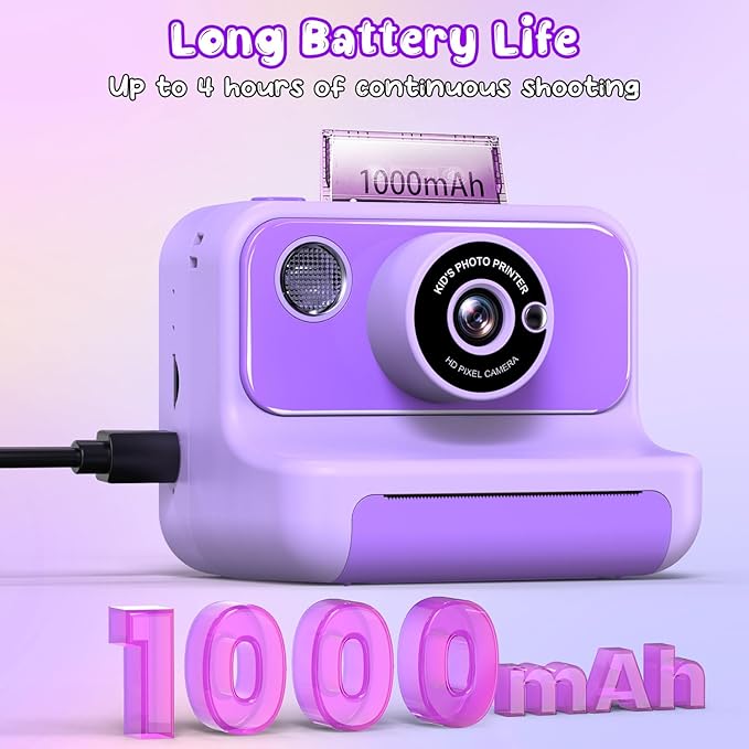 Kids Camera Instant Print, Christmas Birthday Gifts for Girls and Boys, 1080P HD Video Digital Kids Camera with 32G Card, Toddler Camera for 3-12 Years Old, Purple
