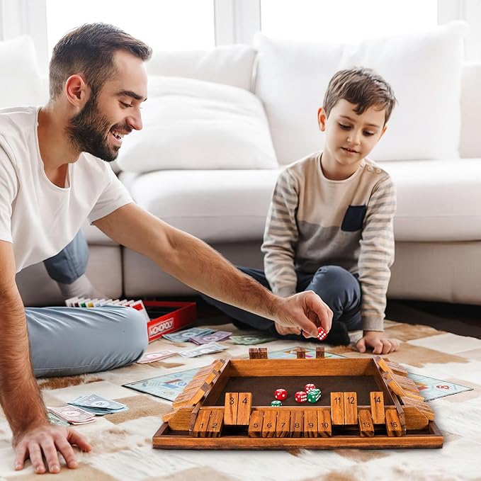 Upgraded 16.54’’ Shut The Box Dice Game with 15 Numbers for 1-4 Players, Large Wooden Board Math Game 16 Dices, Tabletop Games Kids Adults Family Party Birthday