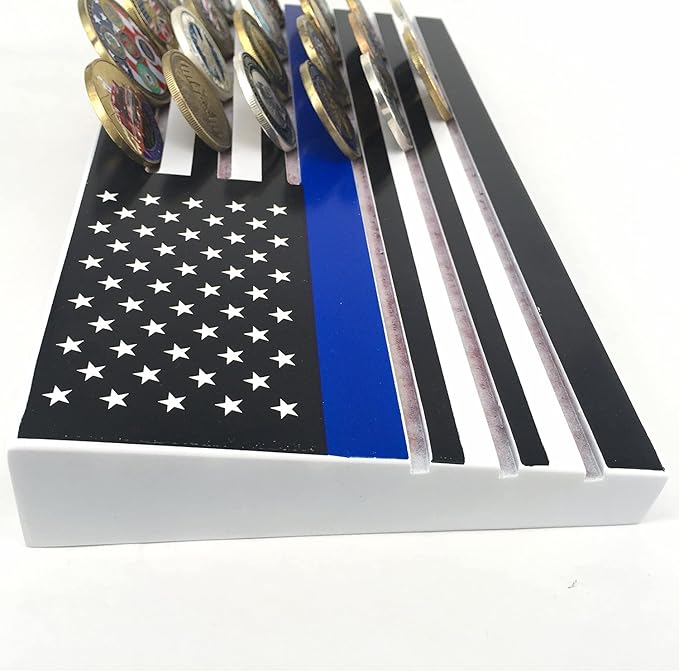6-Row American Flag Challenge Coin Display Stand - Thin Blue Line, Holds 42-46 Coins