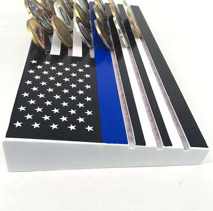 6-Row American Flag Challenge Coin Display Stand - Thin Blue Line, Holds 42-46 Coins