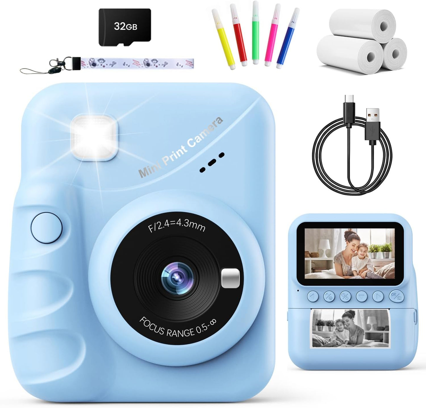 Kids Camera Instant Print for Girls Ages 3-14, 3-inch HD Screen Camera for Kids with Printing Paper, 1080P Digital Toddler Toys for 4 5 6 7 8 9 10 11 12 Years Old (Blue)
