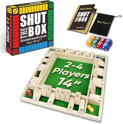 14" Deluxe Shut The Box Game, Math Dice Board Game for Family Night Classroom Travel, Wooden Table for Group Kid Adult Senior, Travel Party Bar, Easy Quick and Fun, 2-4 Players
