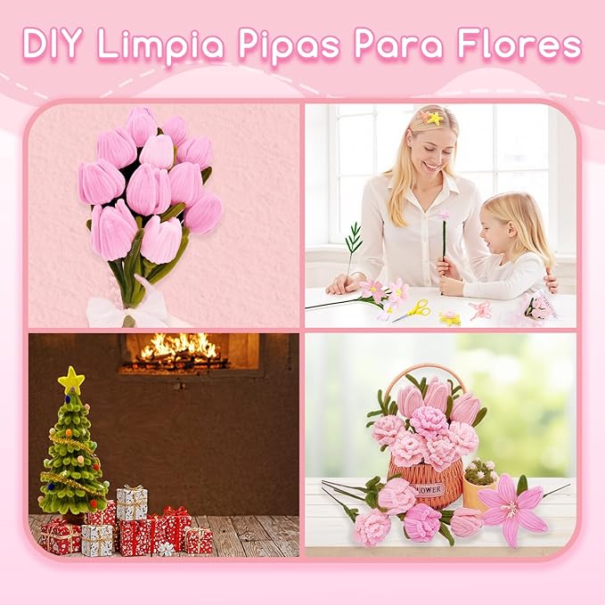 601PCS Complete Pink Pipe Cleaners Flower Kit–Pastel Pipe Cleaners for Flowers, DIY Craft Supplies for Projects, 6 Colors, with Floral Wires, Tape, Glue Sticks, Ribbon, Stamen, Manual & Video Tutorial