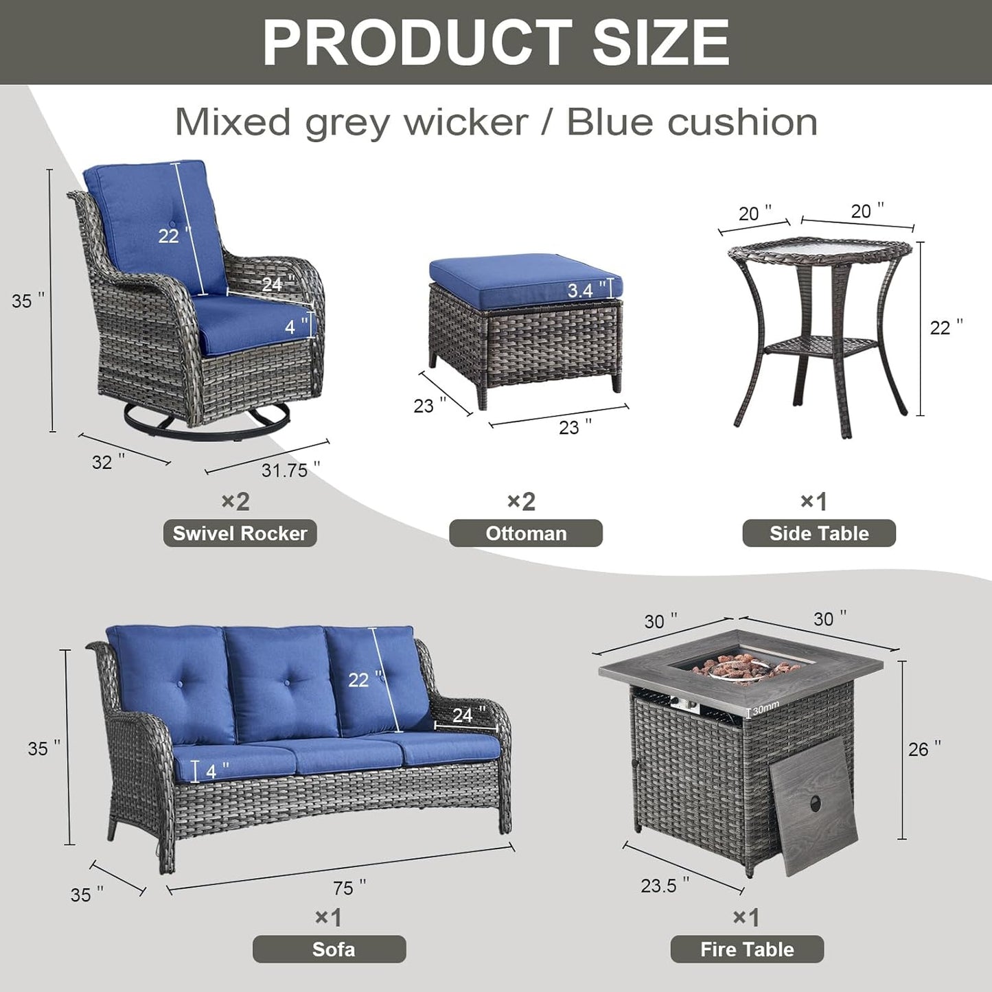 Outdoor Patio Furniture Set with 50000BTU Propane Fire Pit Table, 7 Pieces Wicker Patio Conversation Set with 2 Swivel Glider Rocker Chairs Rattan Sofa Blue Cushion Perfect for Casual Gathering
