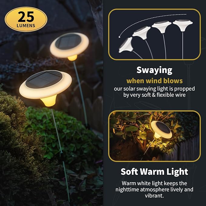 NORAGIFT Solar Garden Lights, 6 Pack Swaying Outdoor Waterproof LED Lights, Warm White, Large (20.5 inches)