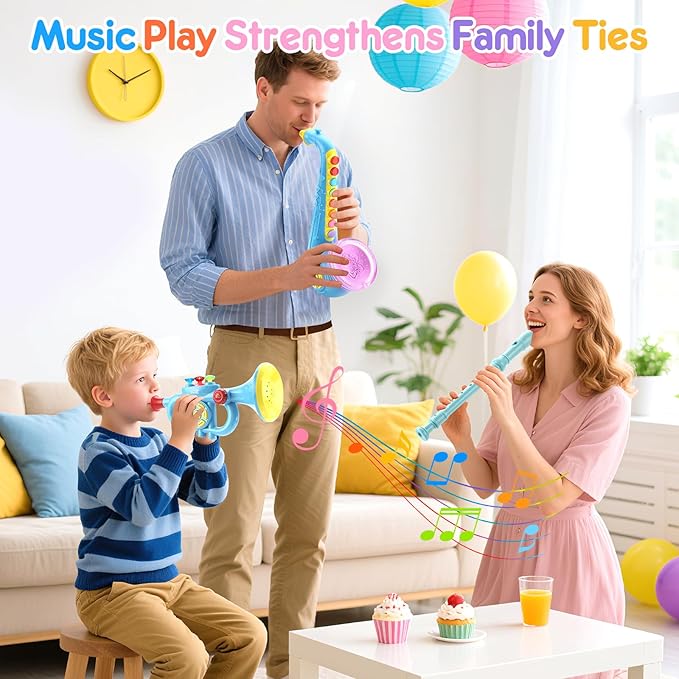 Set of 3 Toy Saxophone Kids Trumpet and Recorder Flute,Musical Instruments Set for Children,Teaching Songs Gifts with Light & Sound for Kids Ages 3-5 5-9, for Kid