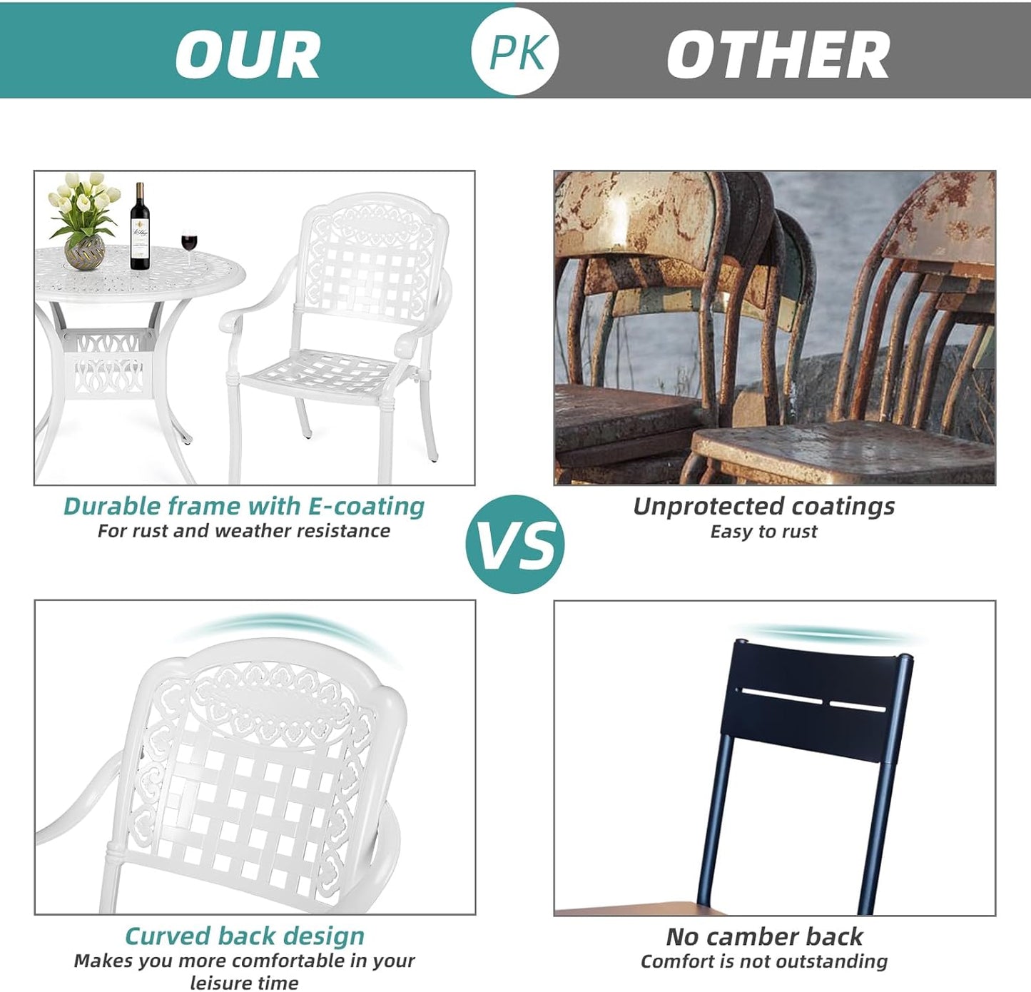 MEETWARM 3 Piece Patio Bistro Set, Outdoor All-Weather Cast Aluminum Dining Furniture Set Includes 2 Chairs and a 35.4” Round Table with Umbrella Hole for Garden Deck, White