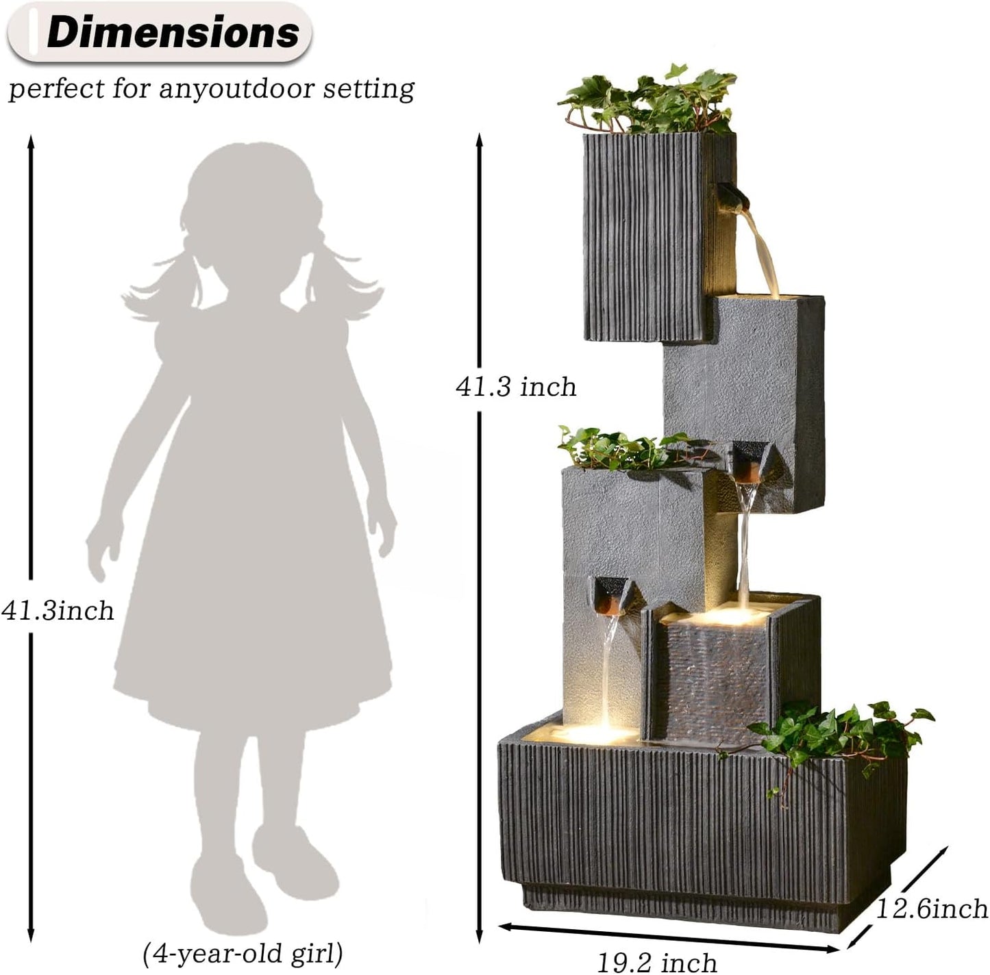 Outdoor Waterfall Fountain with LED Lights – 41.3" Tiered Resin Garden Fountain for Patio, Yard, or Backyard – Weather-Resistant Design Modern Decor