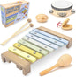 Natural Wood Baby Toys - Musical Toys for Toddlers 1-3: Toddler Musical Instruments Set of 5 in 1, with a Tambourine, Egg Shaker, Castanet, Maracas and Xylophone for Kids at All Ages