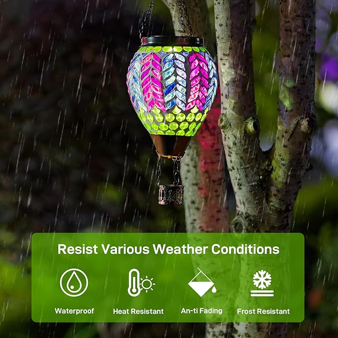 Mosaic Hot Air Balloon Solar Lanterns Outdoor Waterproof, Colorful Glass Solar Hanging Lantern Lights for Garden Patio Yard Gifts for Women Mom Grandma