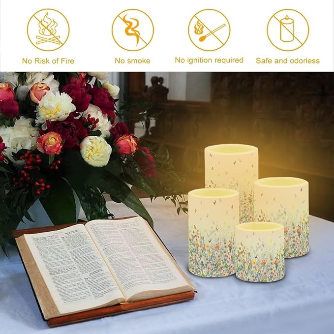 Flameless LED Candles Electric Pillar Candles with Remote Timer Color Changing Control Long Lasting Pack of 4 for Table Centerpiece Home Indoor Decoration, Flower Butterfly Blue