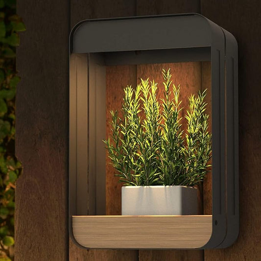 Grand patio Solar Outdoor Power Wall Sconce Shelf Planter, Waterproof Decor LED Wall Light Lamp with Woodgrain for Patio, Porch, Solar Energy, Black(S-Rectangle)