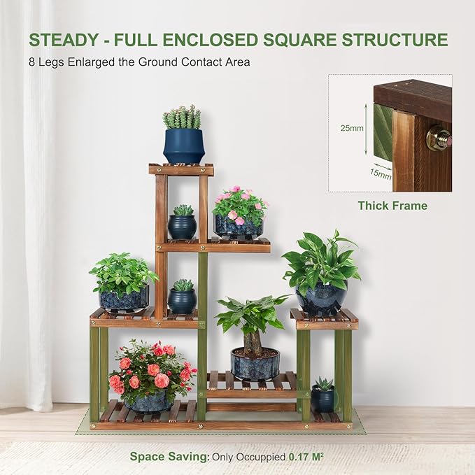 Wood Plant Stand Indoor Outdoor Multi Tiered Corner Plant Shelf Holder High Low Flower Rack Stand for Indoor Multiple Plants 9 Potted Organize Shelves in Living Room Garden Balcony Patio Yard