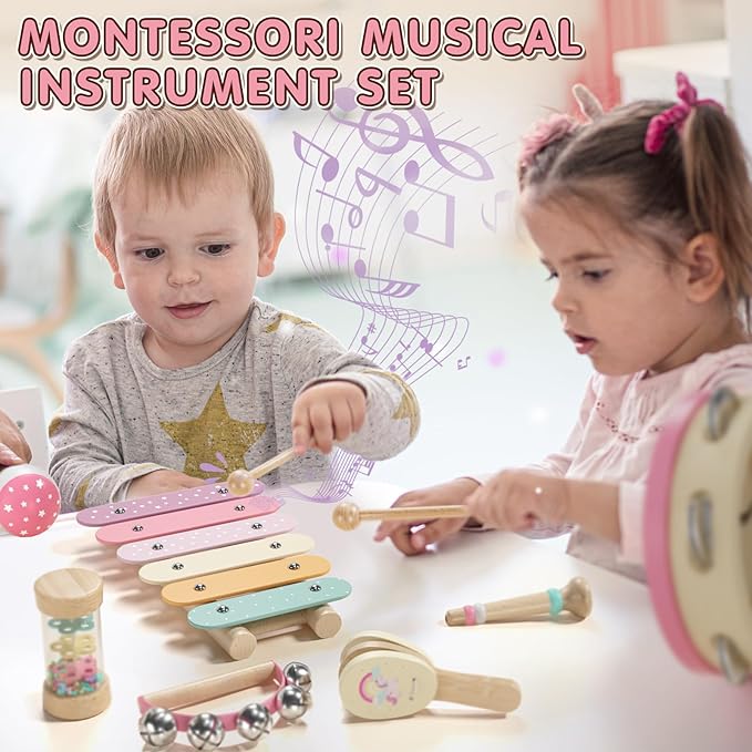 Baby Musical Instruments for Toddlers 1-3, Montessori Wooden Toys for 1 Year Old, Xylophone Maracas Percussion Set with Storage Bag, Learning Toys for Boys Girls Age 2-4, Christmas Birthday Gift, Pink