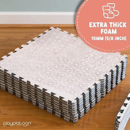 Play Platoon Non-Toxic Extra-Thick Children's Play Mat, 16 Tile - 96 x 96 inch Comfortable Cushiony Foam Floor Puzzle Mat for Kids & Toddlers with 24 x 24 inch 5/8 in Thick Tiles - Khaki, Boho Modern