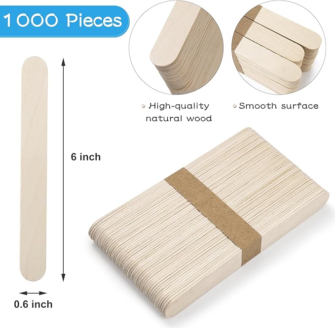 WISYOK 1000 Pcs Wooden Popsicle Sticks for Crafts, 6 Inch Wooden Craft Sticks, Wide Lollipop Sticks, Treat Sticks Ice Pop Sticks for Creative Designs or Kids Education, Home Art Projects