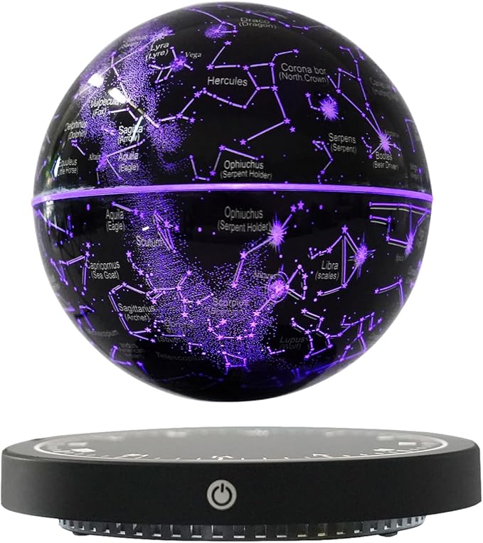 6" Magnetic Levitation Floating Globe Anti Gravity Rotating Constellation Ball with LED Light Display Globe for Children Educational Gift Home Office Desk Decor (Black-Clock)