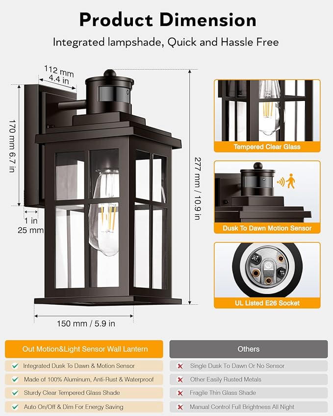 Outdoor Motion Sensor Light, 2 Pack Outside Sconce, Bronze Motion Sensor for Outside, Anti-Rust, Outdoor Light Fixture with Tempered Clear Glass for House, Garage,Entryway, Waterproof