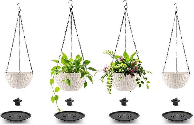 Hanging Planters for Indoor Outdoor Plants 8/10 Inch, 4 Packs Plant Hanger with Drainage Holes, Hanging Basket Flower Pot Perfect for Home, Office and Garden,White