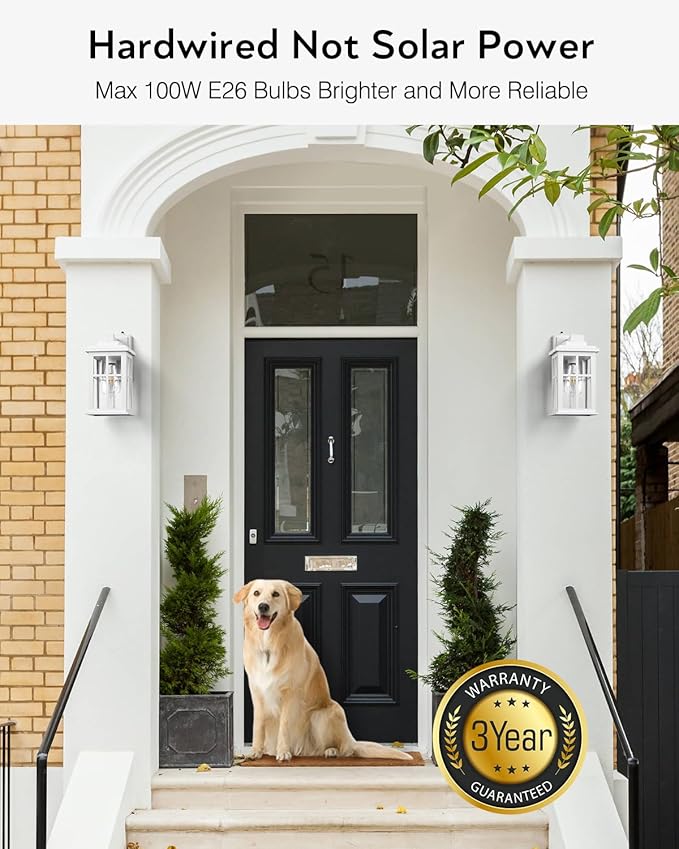 White Outdoor Wall Lights, Dusk to Dawn Exterior Lighting Fixtures, Waterproof Outside Lights for House, Garage, Garden, Entryway, Doorway, Anti-Rust, Modern Style, Tempered Glass