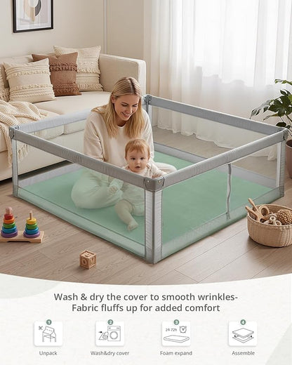 Blissful Diary Ultra Soft Baby Play Mat, 50x50 Floor Mat with Removable & Washable Slip-On Cover for Babies and Toddlers Infants, Sage Green