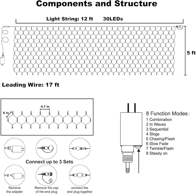 WATERGLIDE Outdoor Christmas Net Lights, 12FT x 5FT 360 LED Mesh String Light with 8 Lighting Mode, Connectable Waterproof Lights for Garden Tree Bushes, Valentines Wedding Party Decorations, Red