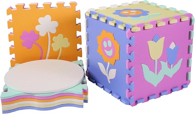 Foam Play Mat for Kids，25Pcs Square Interlocking Puzzle Floor Mat，Baby Play Mat Floor Mat Foam Puzzle Playmat for Toddlers with Fence（Flower-CSH037