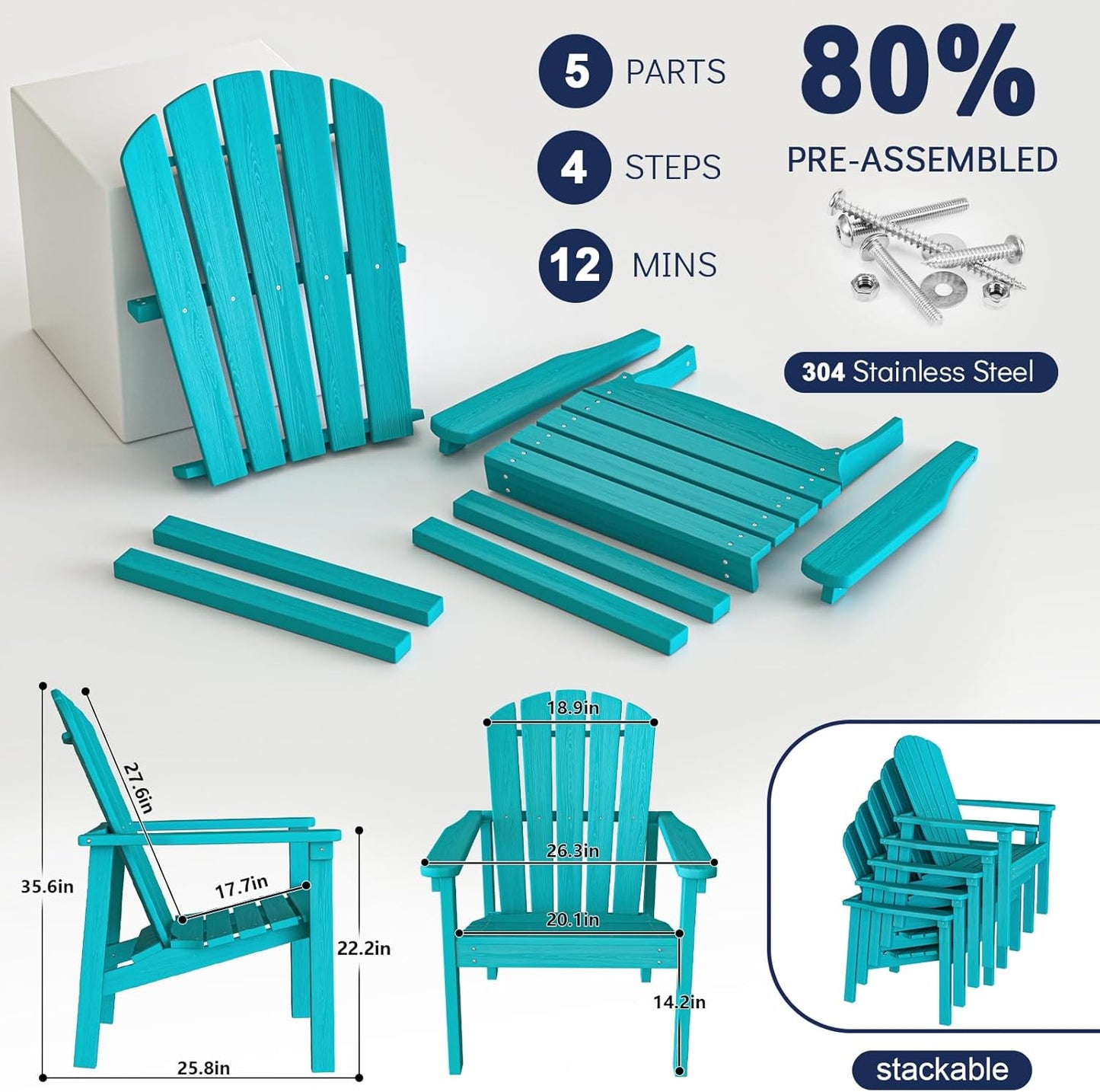 Stackable Adirondack Chair Set of 2, HDPE Outdoor Patio Chair - Durable and Space Saving, Suitable for Porches, Lawns or Garden, Aruba
