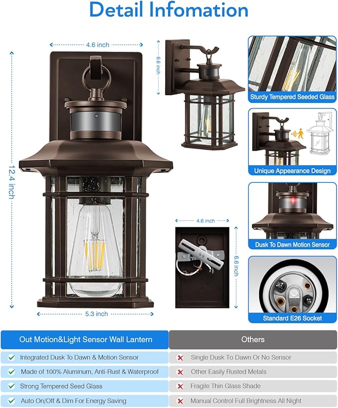 VIANIS Brown Motion Sensor Outdoor Light Fixture, Dusk to Dawn Exterior Lights for House, Waterproof, Anti-Rust Outdoor Sconce Lights for House, Doorway, Garage, Oil Rubbed Bronze