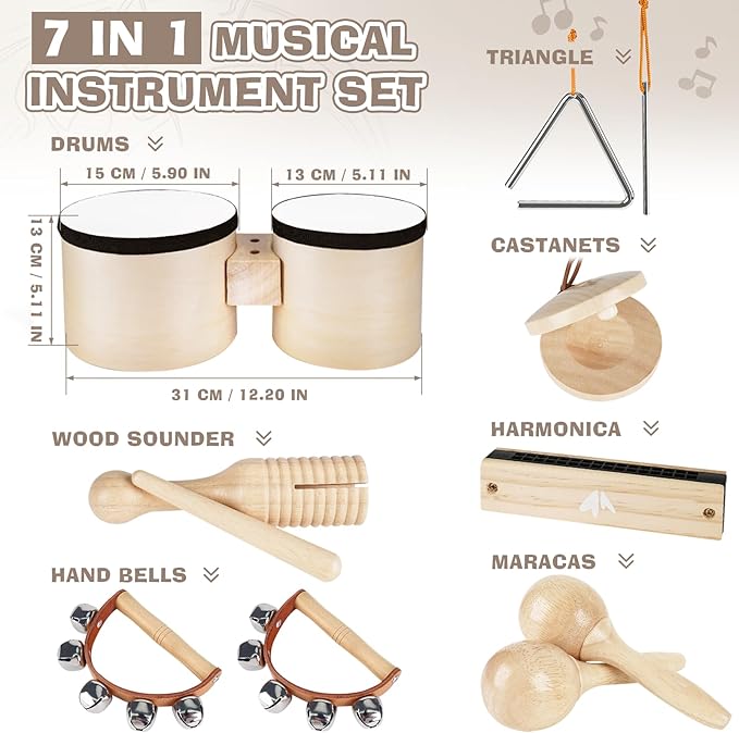 Vanplay Kids Drum Set - Toys for 2 3 Year Old Boy Gifts, Musical Instruments for Toddler 2-4, Birthday Gifts for 3 4 Year Old Girls, Wooden Montessori with Bongo Drum for Kids Age 2 3 4 5 6