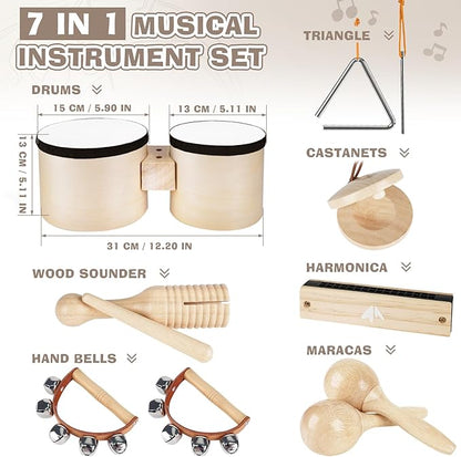 Vanplay Kids Drum Set - Toys for 2 3 Year Old Boy Gifts, Musical Instruments for Toddler 2-4, Birthday Gifts for 3 4 Year Old Girls, Wooden Montessori with Bongo Drum for Kids Age 2 3 4 5 6